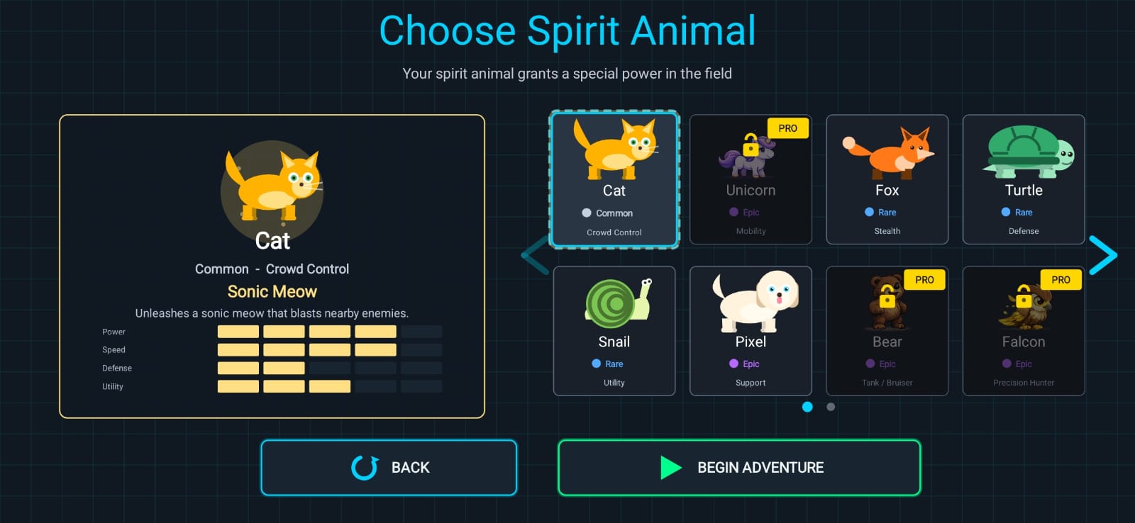 Drone Alert Spirit Animal selection screen